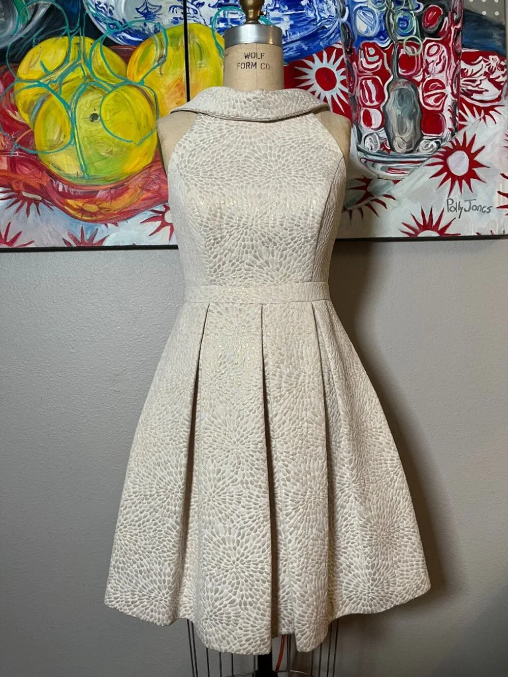 David's Bridal Ivory Metallic Jacquard Vintage Inspired Cocktail Dress